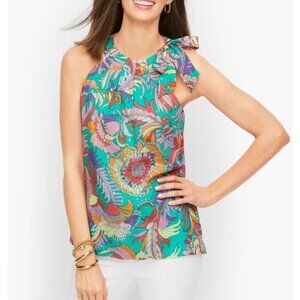 Talbots Multi-Color Floral Print Shimmer Neck Tie Halter Top  Size 14P